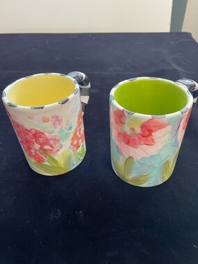 2. Hand Painted Gerbera Daisy &Hollyhocks Mugs 16 Oz  4.5” Tall